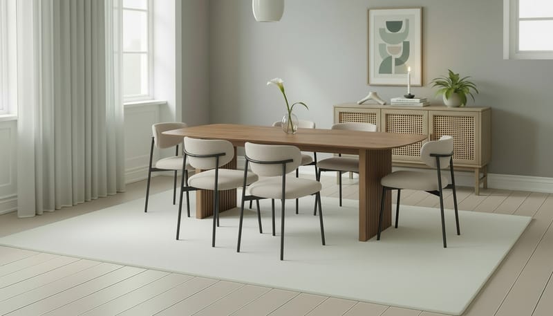 Richeto Matbord 240 cm med 6 Lucy Matstolar - Naturlig finish / Greige Bouclé / Metallben Svart - Products - Möbler - Bord & matgrupp - Matgrupp