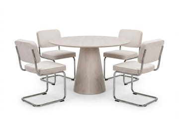 Siena Matgrupp runt 110 cm Vitlaserad med 4 Milva Matstolar, Vitlaserad/Beige/krom