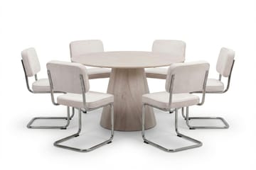Siena Matgrupp runt 130 cm Vitlaserad med 6 Milva Matstolar, Vitlaserad/Beige/krom