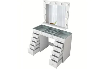 Ramender Stort Sminkbord med spegel och lampor med förvaring - Glas / Vit - Products - Möbler - Bord & matgrupp - Sminkbord & toalettbord