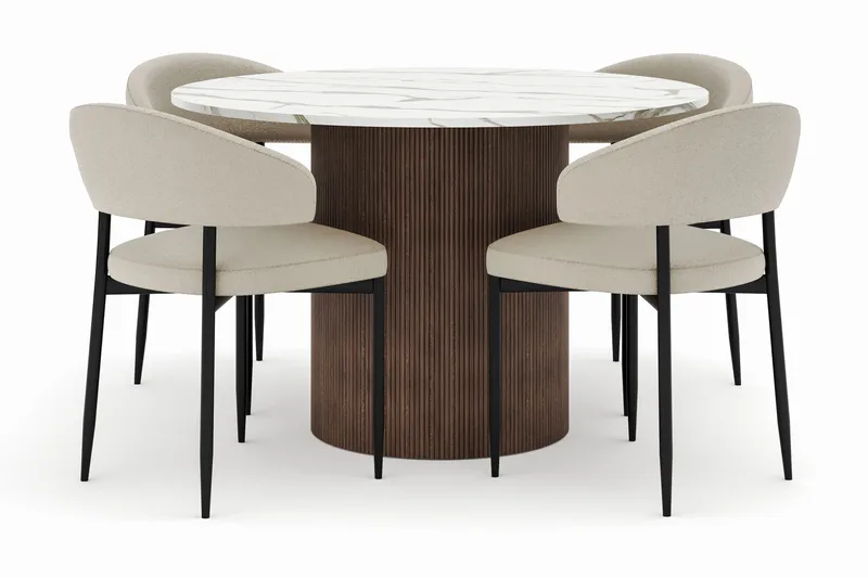 Uppveda Matbord 120 cm Rund med 4 Sawako Stolar, Brun