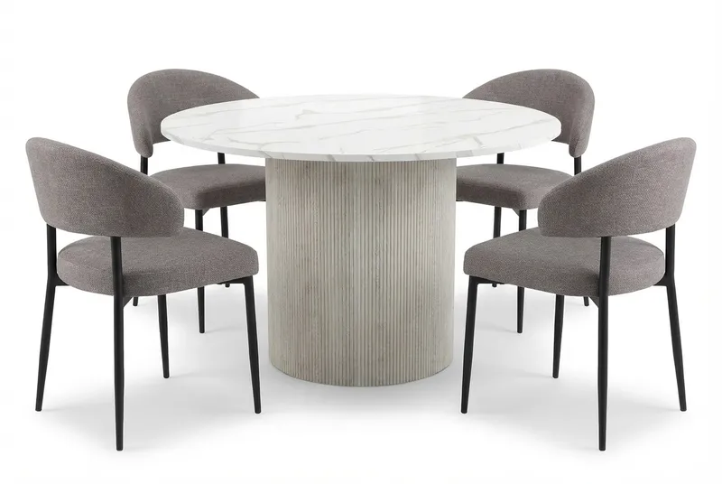 Uppveda Matbord 120 cm Runt Vitt med 4 Sawako Greige Stolar, Vit/Greige