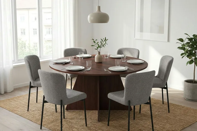 Vera Matgrupp runt 150 cm Valnöt med 6 Elsie Matstolar - Valnöt/Ljusgrå - Products - Möbler - Bord & matgrupp - Matgrupp