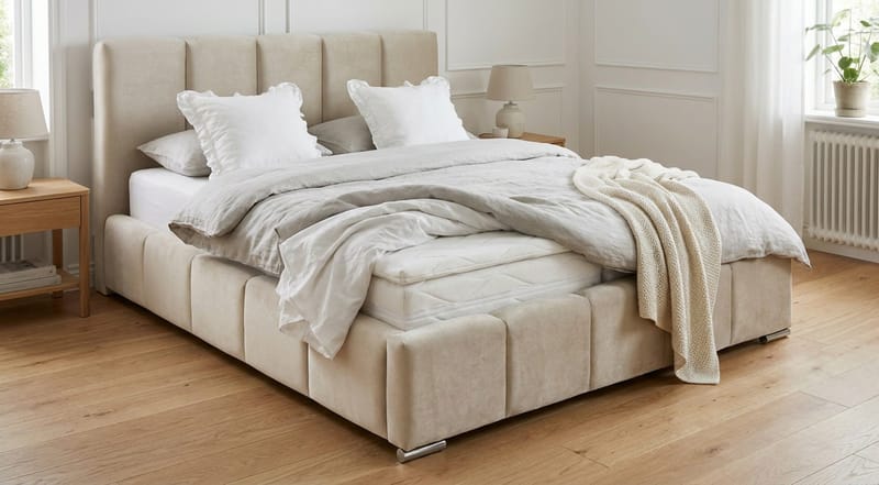 Cleaton Bubblig Sängram 180x200 cm med Förvaring HVILA Resårmadrass och Bäddmadrass i Memoryskum med Tvättbar klädsel - Beige/Vit - Products - Möbler - Säng - Komplett sängpaket