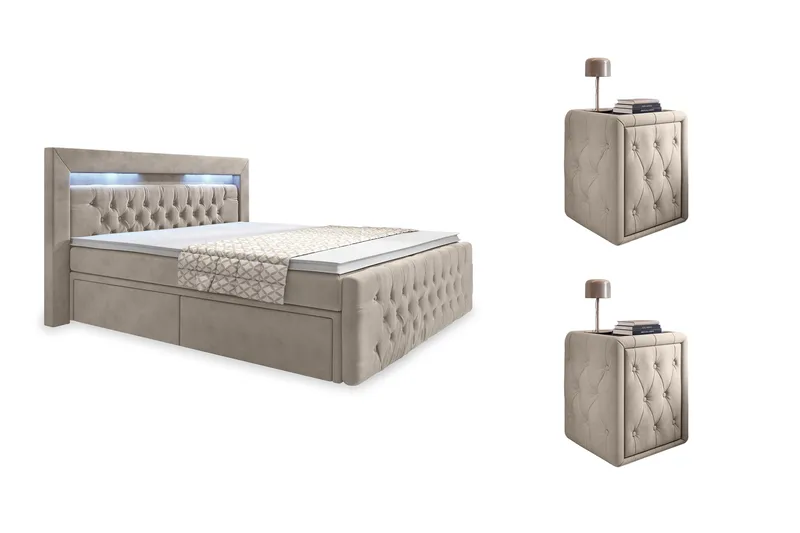 Franco Komplett Sängpaket med förvaring LED-belysning 180x200 cm + 2st Franco Sängbord, Beige / Sammet
