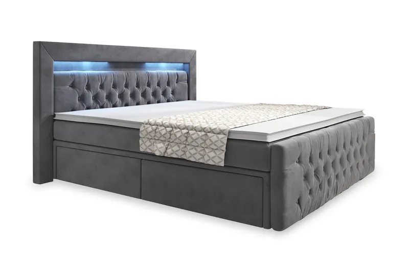 Franco Komplett Sängpaket med förvaring LED-belysning 180x200 cm + 2st Franco Sängbord - Grå|Sammet - Products - Möbler - Säng - Enkelsäng