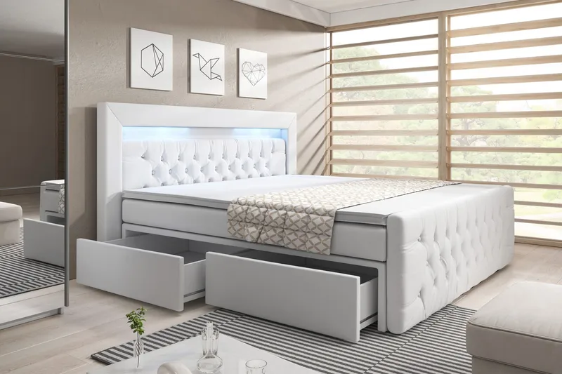Franco Komplett Sängpaket med förvaring LED-belysning 180x200 cm - Pu Konstläder Vit - Products - Möbler - Säng - Säng med förvaring
