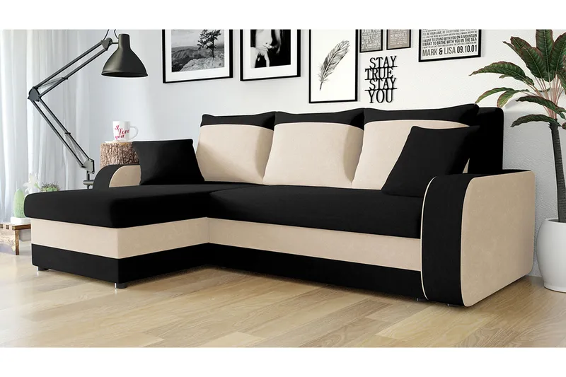 Alvared Djup 3 sits L soffa -Hörnbäddsoffa Universal 230 cm - Beige / Svart / Vit - Products - Möbler - Soffa - Bäddsoffa - Bäddsoffa divan