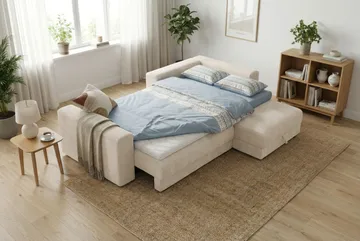 Bergen Extra djup 3-sits Bäddsoffa med Divan och Bäddmadrass i Polyesterskum Vändbar Sommar- & Vintersida och Tvättbar klädsel - Beige - Products - Möbler - Soffa - Bäddsoffa - Bäddsoffa divan