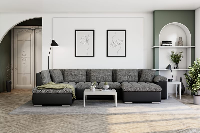 Dynir Stor Hörnbäddsoffa Divan med Förvaring Höger 350 cm - Svart / Grå - Products - Möbler - Soffa - Bäddsoffa - Bäddsoffa längsbäddad