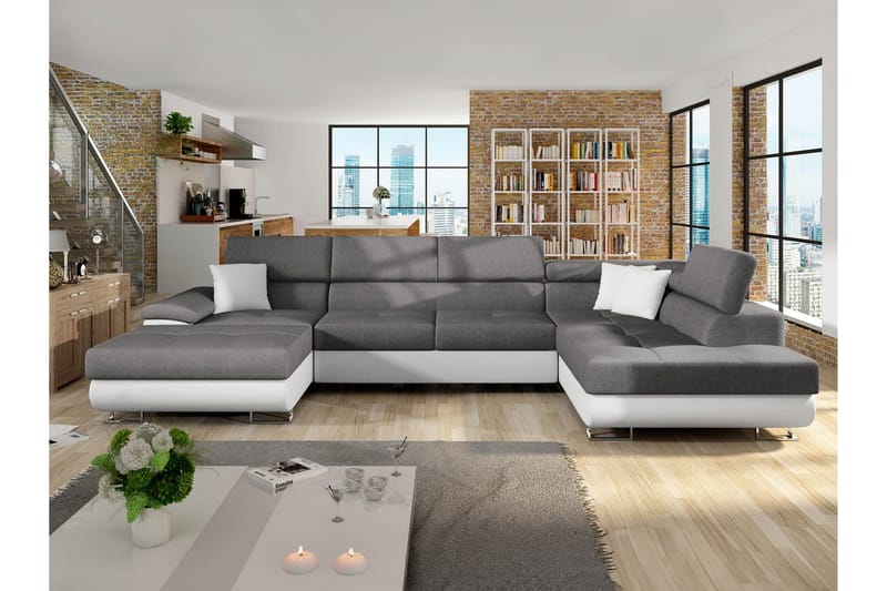 Reginia Bäddsoffa med Divan och Schäslong 4-sits i Konstläder - Vit/Grå - Products - Möbler - Soffa - Bäddsoffa - Bäddsoffa divan