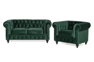 Chesterfield Lyx Soffgrupp 2-sits+Fåtölj Sammet, Mörkgrön