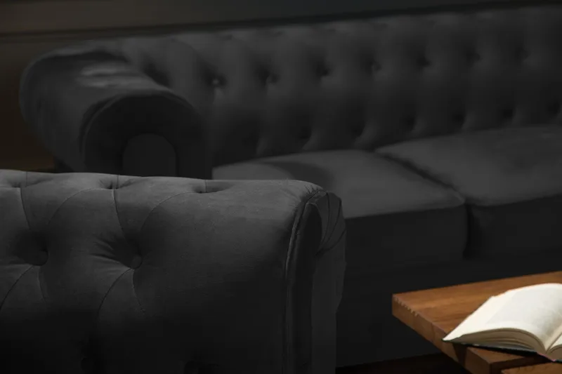 Chesterfield Lyx Soffgrupp 3+2 i Sammet - Svart - Products - Möbler - Soffa - Soffgrupp - Chesterfield soffgrupp