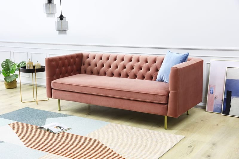 Toto 3-sits rosa soffa med guldiga ben, Rosa
