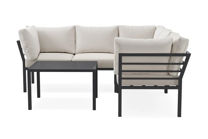 Ariany l-formad 5 sits hörnsoffa utomhus med vita dynor rektangul ärt bord i alumunium, Svart