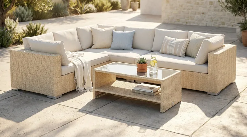 Bahamas L-formad utesoffa höger, 6-sits med bord och hylla - Beige - Products - Utemöbler & utemiljö - Loungemöbler - Loungeset & loungegrupp