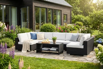 Bahamas U-formad utomhus loungegrupp med öppet avslut, 7-sits med bord och hylla - Svart - Products - Utemöbler & utemiljö - Loungemöbler - Loungeset & loungegrupp