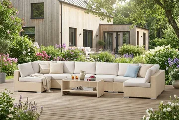 Bahamas U-formad utomhus loungegrupp med öppet avslut, 8-sits med bord och hylla - Beige - Products - Utemöbler & utemiljö - Loungemöbler - Loungeset & loungegrupp