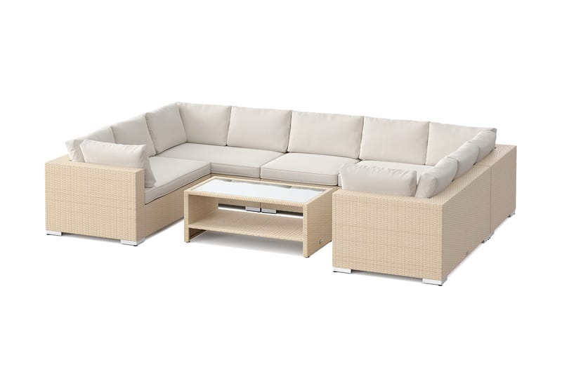 Bahamas U-formad utomhus loungegrupp med stängt avslut, 9-sits med bord och hylla, Beige