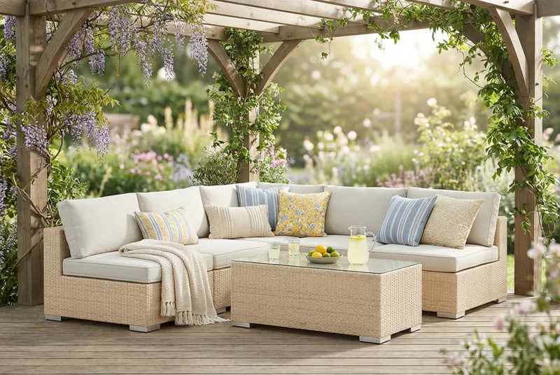 Bahamas utomhus hörnsoffa 5-sits vändbar med öppet avslut och bord - Beige - Products - Utemöbler & utemiljö - Loungemöbler - Loungeset & loungegrupp