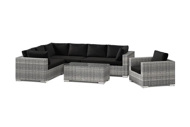 Bahamas utomhus L-soffa höger 7-sits med fåtölj och bord, Grå