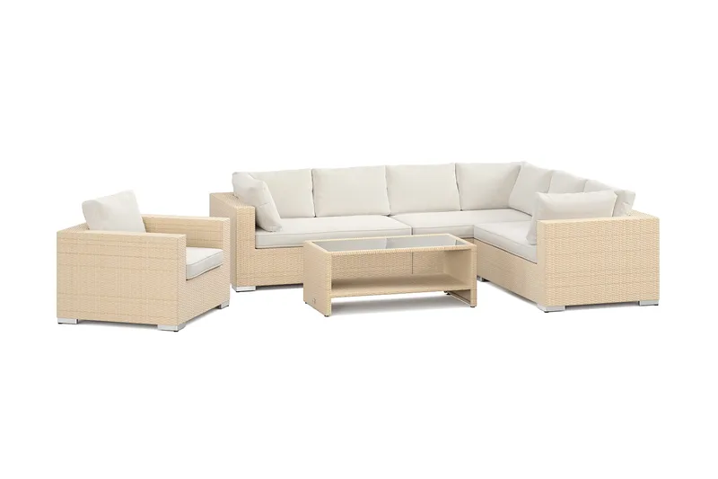 Bahamas utomhus L-soffa vänster 7-sits med fåtölj och bord med hylla, Beige