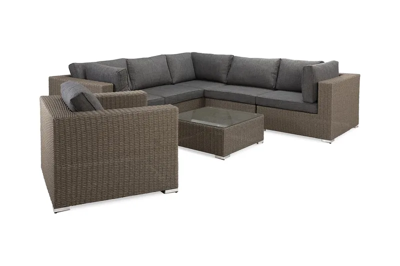 Marcus Loungegrupp Utomhus - 5-sits Loungeset i Konstrotting för Uteplats och Trädgård - Brun / Gråa dynor - Products - Utemöbler & utemiljö - Loungemöbler - Loungeset & loungegrupp