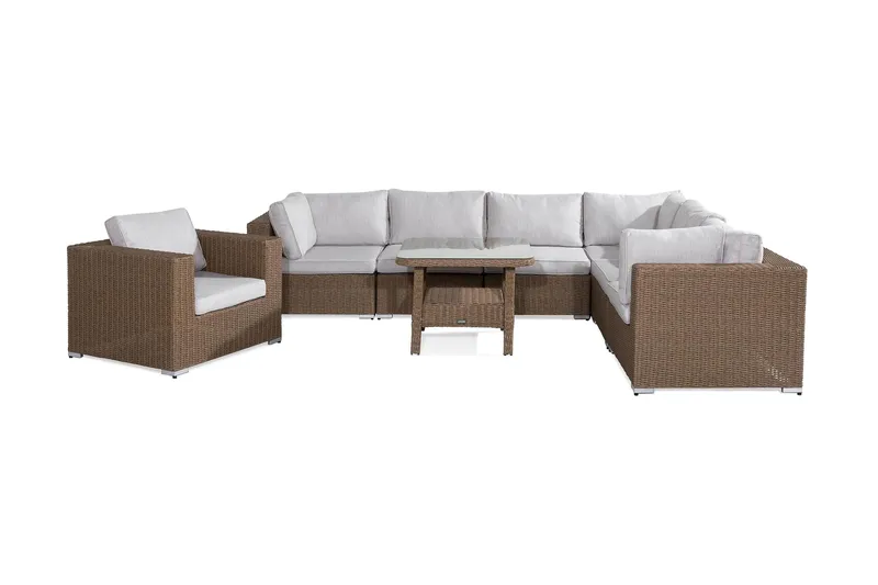 Marcus Stor Loungegrupp Utomhus - 7-sits Loungeset i Konstrotting för Uteplats och Trädgård, Beige / Vita dynor