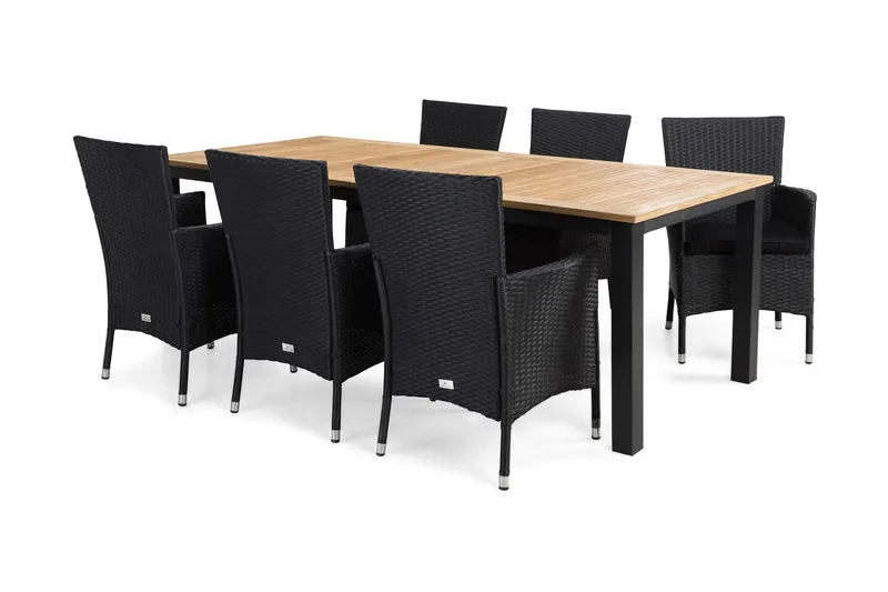 Las Vegas Matgrupp Utomhus 220-280 + 6 Thor Fåtölj m Dyna, Svart/Teak/Svart/Svart