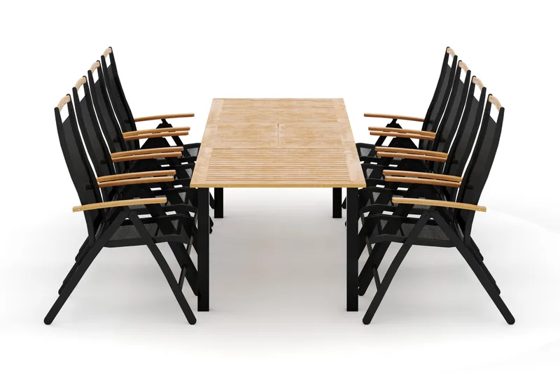 Las Vegas utomhus matgrupp förlängningsbart 220x280x100 cm med 8 Las Vegas positionsstolar, Svart