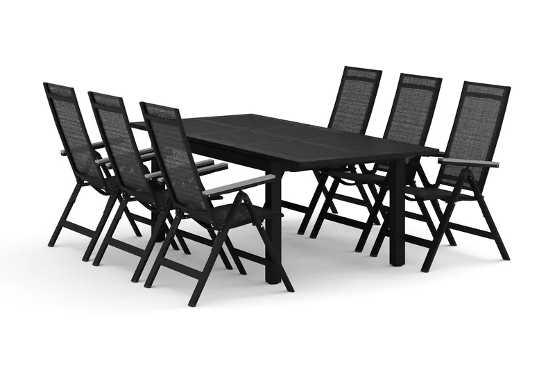 Monaco utomhus matgrupp förlängningsbart 150-250x90 med 6 Monaco Light positionsstolar, Svart/Grå
