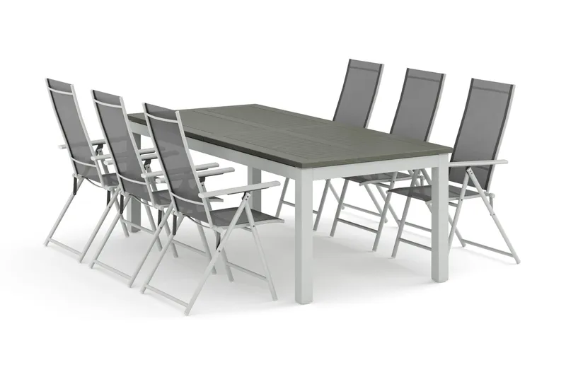 Monaco utomhus matgrupp förlängningsbart 210/310x90 med 6 Sanna positionsstolar, Vit/Grå