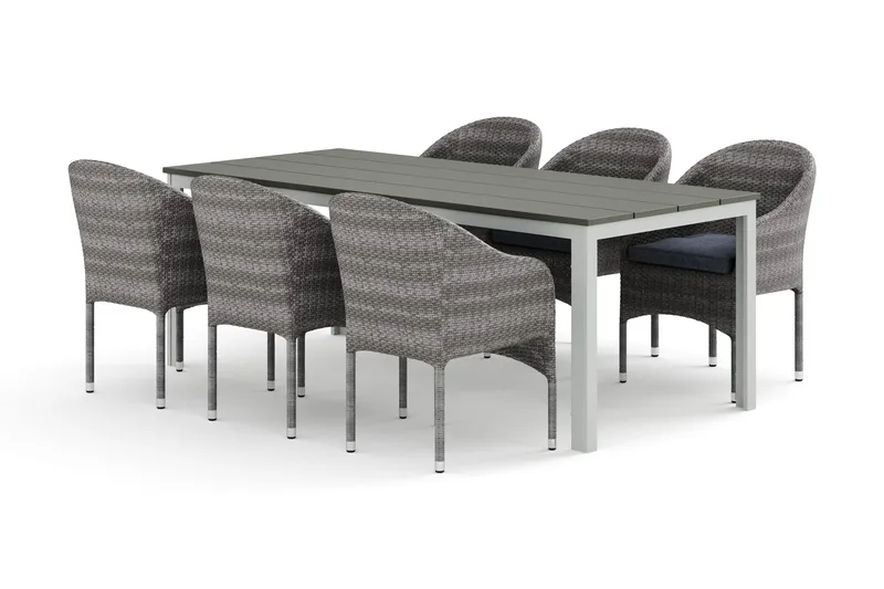 Tunis utomhus matgrupp 205x90 cm med 6 Thor fåtöljer, Vit/Grå