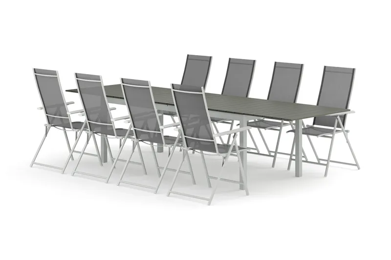 Tunis utomhus matgrupp förlängningsbart 205/305x90 cm med 8 Sanna positionsstolar, Vit/Grå