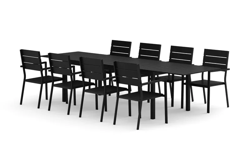 Tunis utomhus matgrupp förlängningsbart 205/305x90 cm med 8 Tunis stapelstolar, Svart/Svart