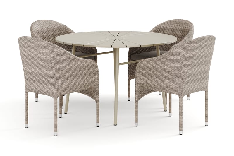 Tunis utomhus rund matgrupp 120 cm med 4 Thor fåtöljer, Beige/Beige