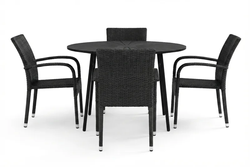 Tunis utomhus rund matgrupp 120 cm med 4 Thor Light utefåtöljer - Svart/Svart - Products - Utemöbler & utemiljö - Utegrupp - Matgrupp utomhus