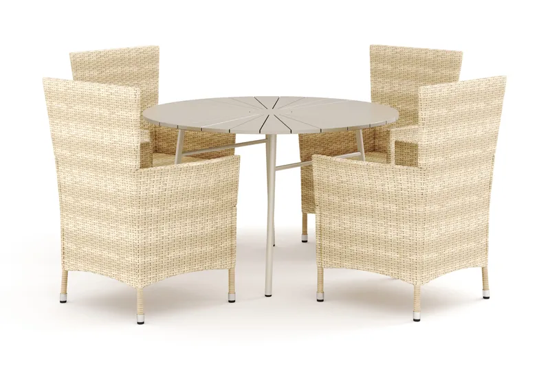 Tunis utomhus rund matgrupp 120 cm med 4 Thor utefåtöljer - Beige/Beige - Products - Utemöbler & utemiljö - Utegrupp - Matgrupp utomhus
