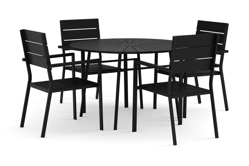 Tunis utomhus rund matgrupp 120 cm med 4 Tunis stapelstolar, Svart/Svart