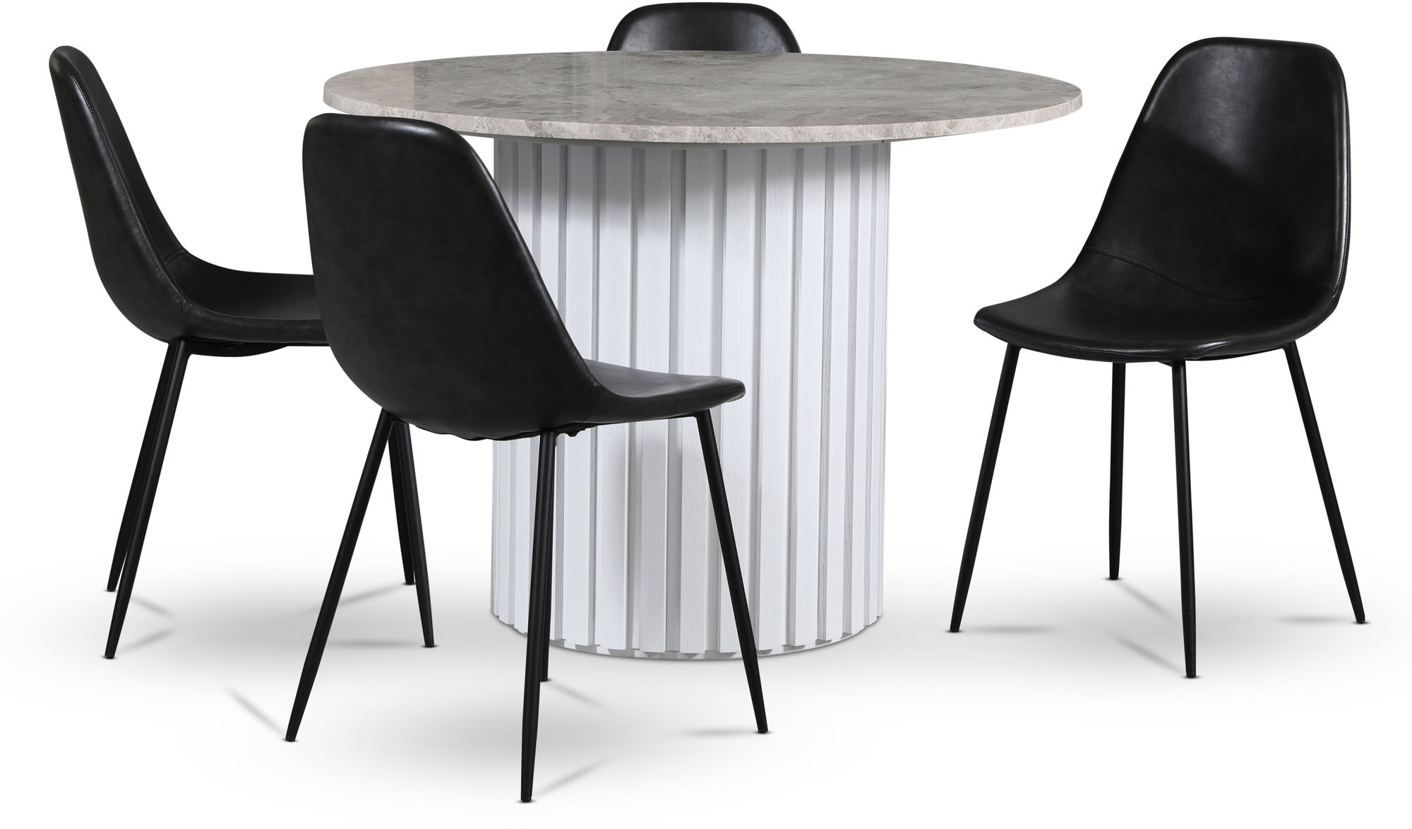 Empire spisegruppe �105 cm inkl. 4 stk. Bjurtr�sk svarte stoler - S�lv Diana marmor / Hvit lamell trefot