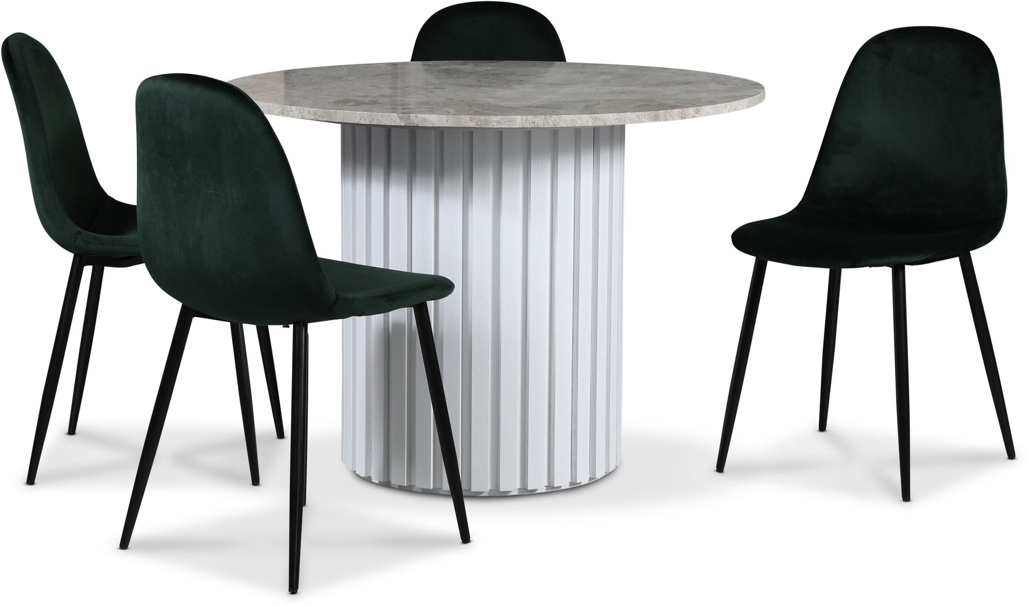 Empire spisegruppe �105 cm inkl. 4 stk. Carisma m�rkegr�nne stoler - S�lv Diana marmor / Hvit lamell trefot + 4.00 x Stolpute