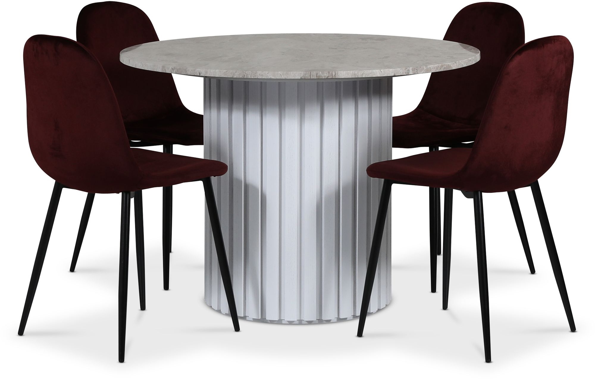 Empire spisegruppe �105 cm inkl. 4 stk. Carisma bordeaux stoler - S�lv Diana marmor / Hvit lamell trebunn + 4.00 x Stolpute