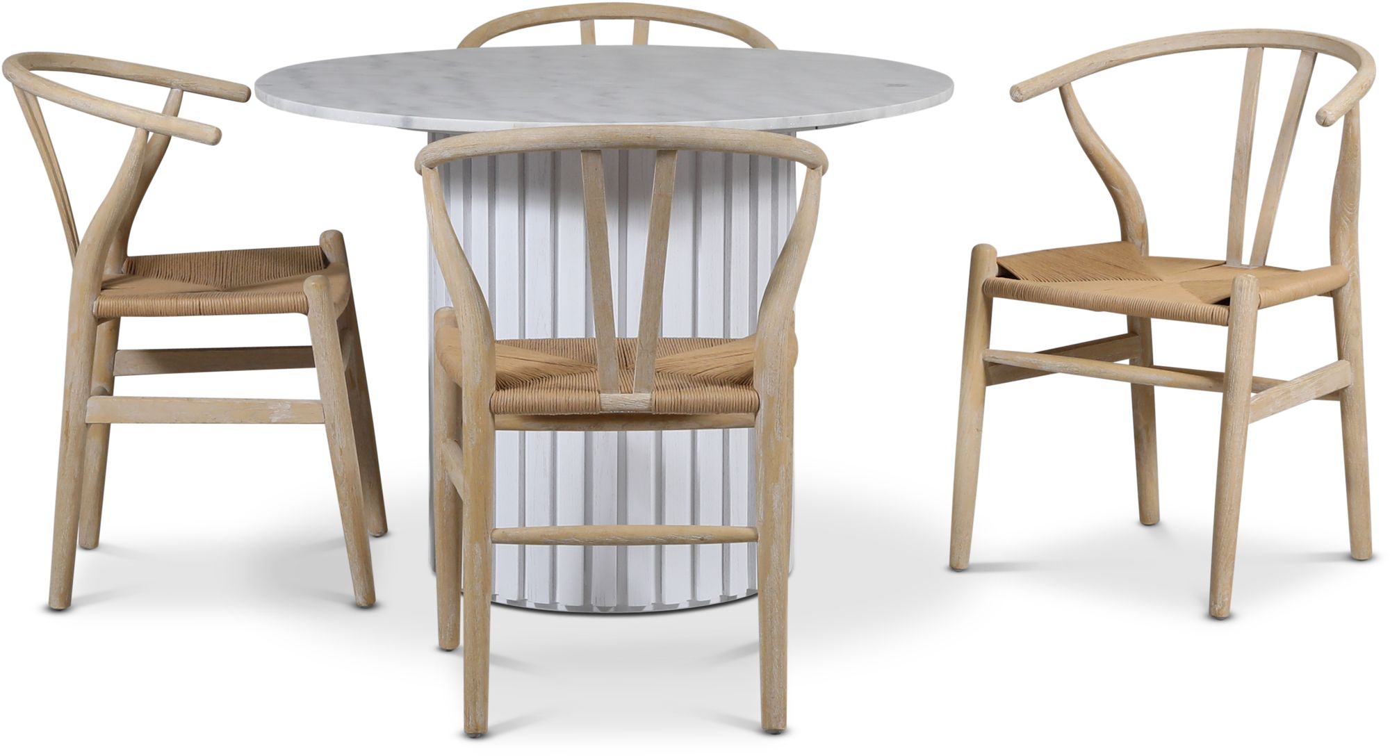 Empire spisegruppe �105 cm inkl. 4 stk. Brandon spisestoler whitewash - Lys marmor / Hvit lamell trefot