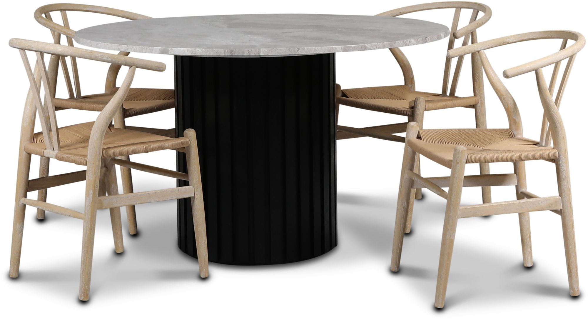 Sumo spisegruppe �130 cm inkl. 4 stk. Brandon spisestoler whitewash - Svartbeiset / S�lv marmor + 4.00 x Stolpute