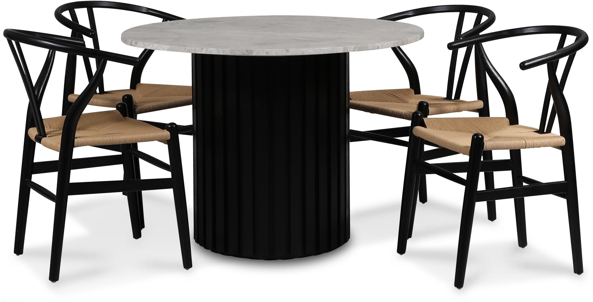 Sumo spisegruppe Ø105 cm inkl. 4 stk. Brandon svarte spisestoler - Svartbeiset / sølvmarmor Sumo spisegruppe Ø105 cm inkl. 4 stk. Brandon svarte spisestoler - Svartbeiset / sølvmarmor
