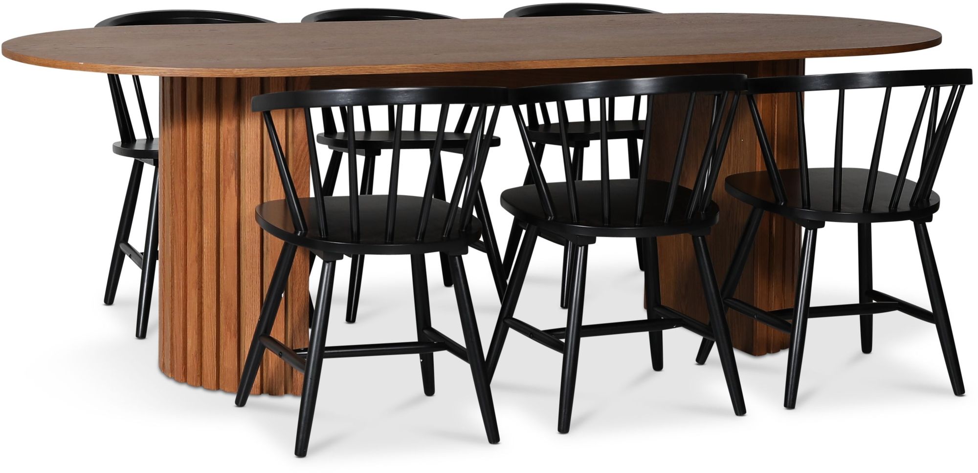 PiPi spisegruppe 230 cm inkl. 6 stk. Fårö svarte karmstoler - Valnøtt PiPi spisegruppe 230 cm inkl. 6 stk. Fårö svarte karmstoler - Valnøtt