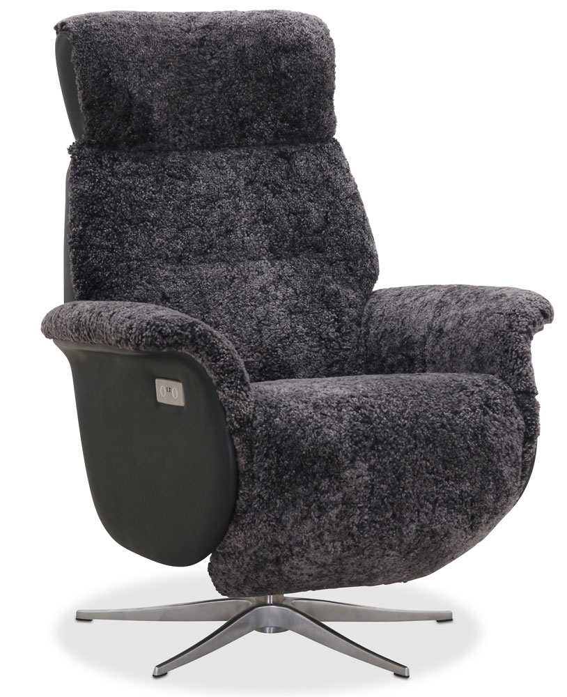 Duvn�s recliner med innebygget fotskammel (El) - Gr�tt f�reskinn