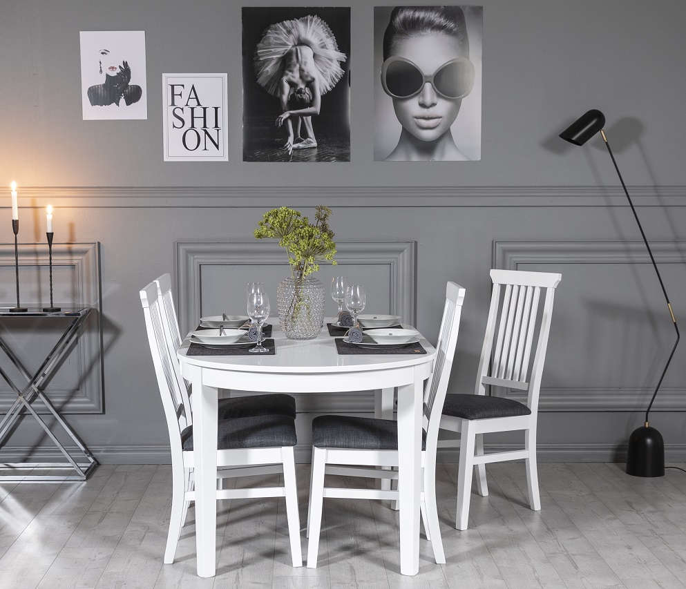 G�s� spisegruppe: Ovalt bord 160/210 cm inkludert 4 M�s� stoler - Hvit/Gr�