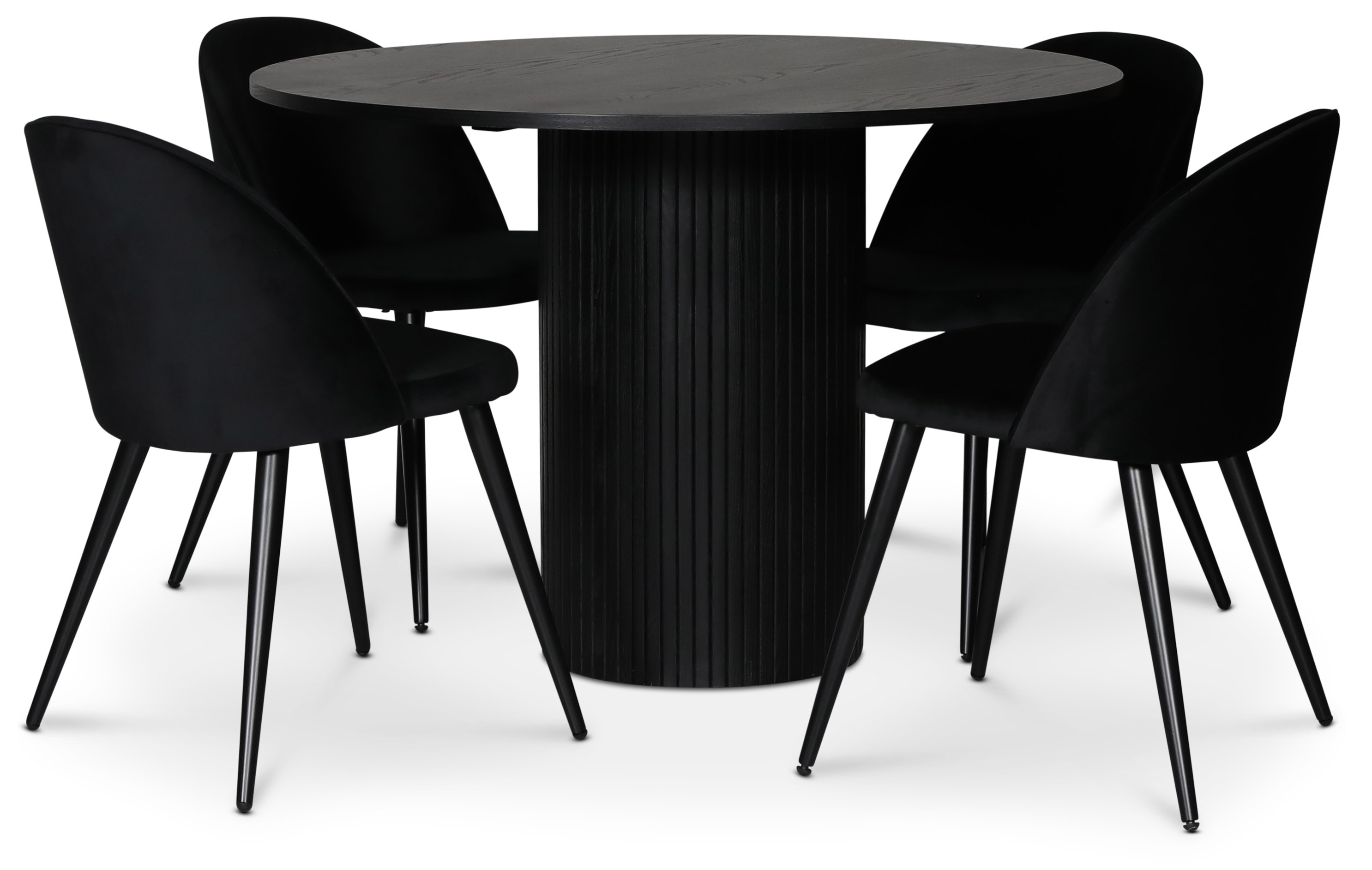 Cobe spisegruppe; rundt spisebord i svartbeiset eik + 4 Alice spisestoler, svart fl�yel