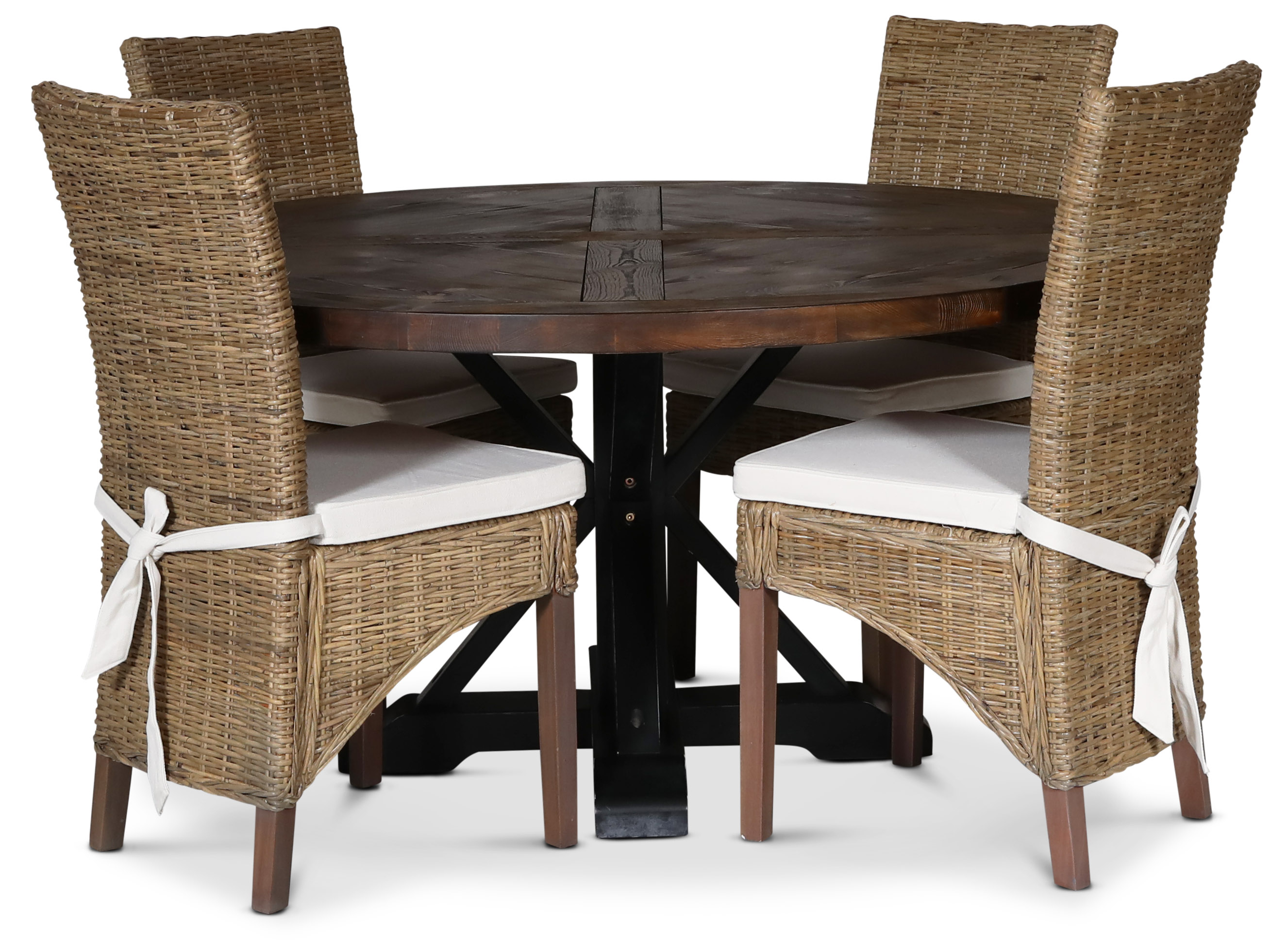 Tuva spisegruppe; rundt spisebord, Drivved / Svart + 4 Croco spisestoler med pute Tuva spisegruppe; rundt spisebord, Drivved / Svart + 4 Croco spisestoler med pute